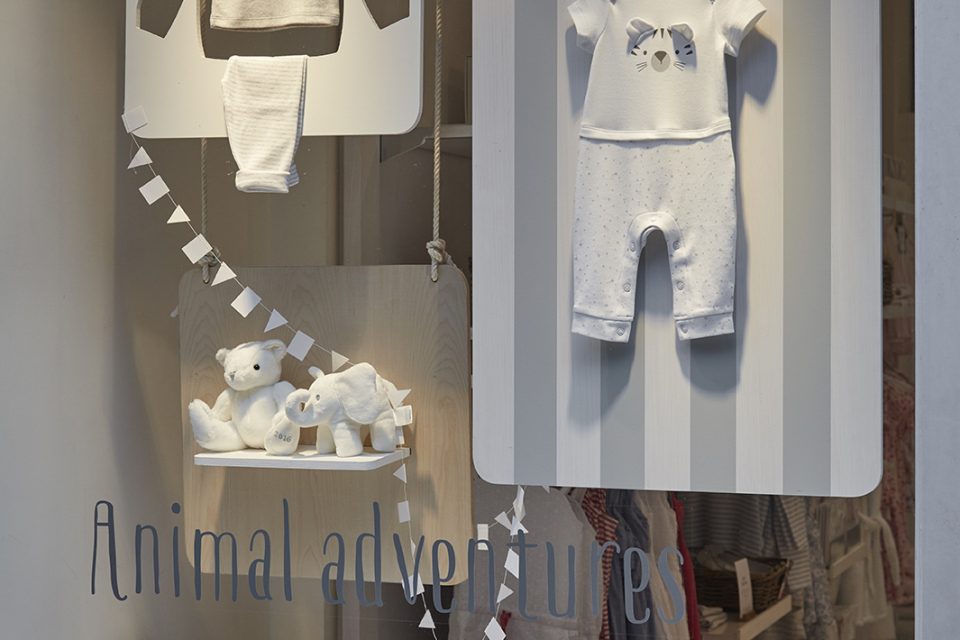 Visual merhcandising window scheme for the Little White Company, London